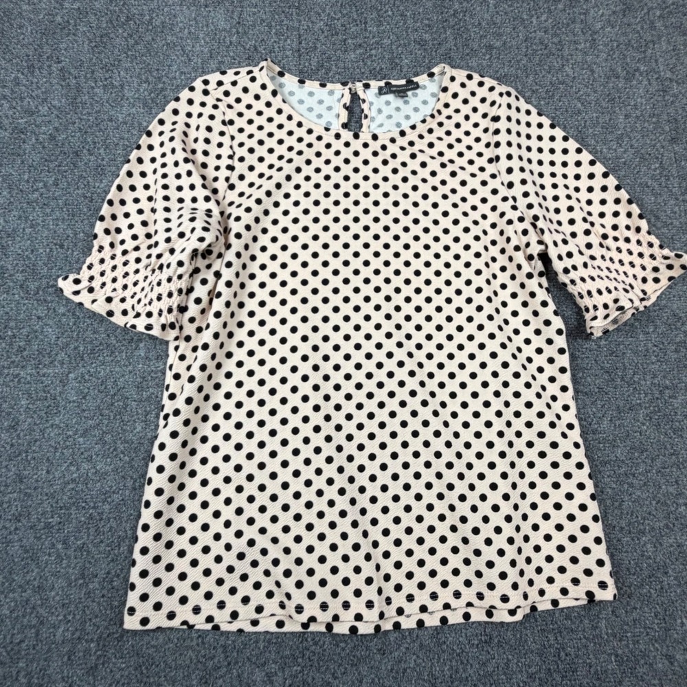 Adrianna Papell Polka‎ Dot Smocked Sleeve Blouse Cream Black Short Sleeve M